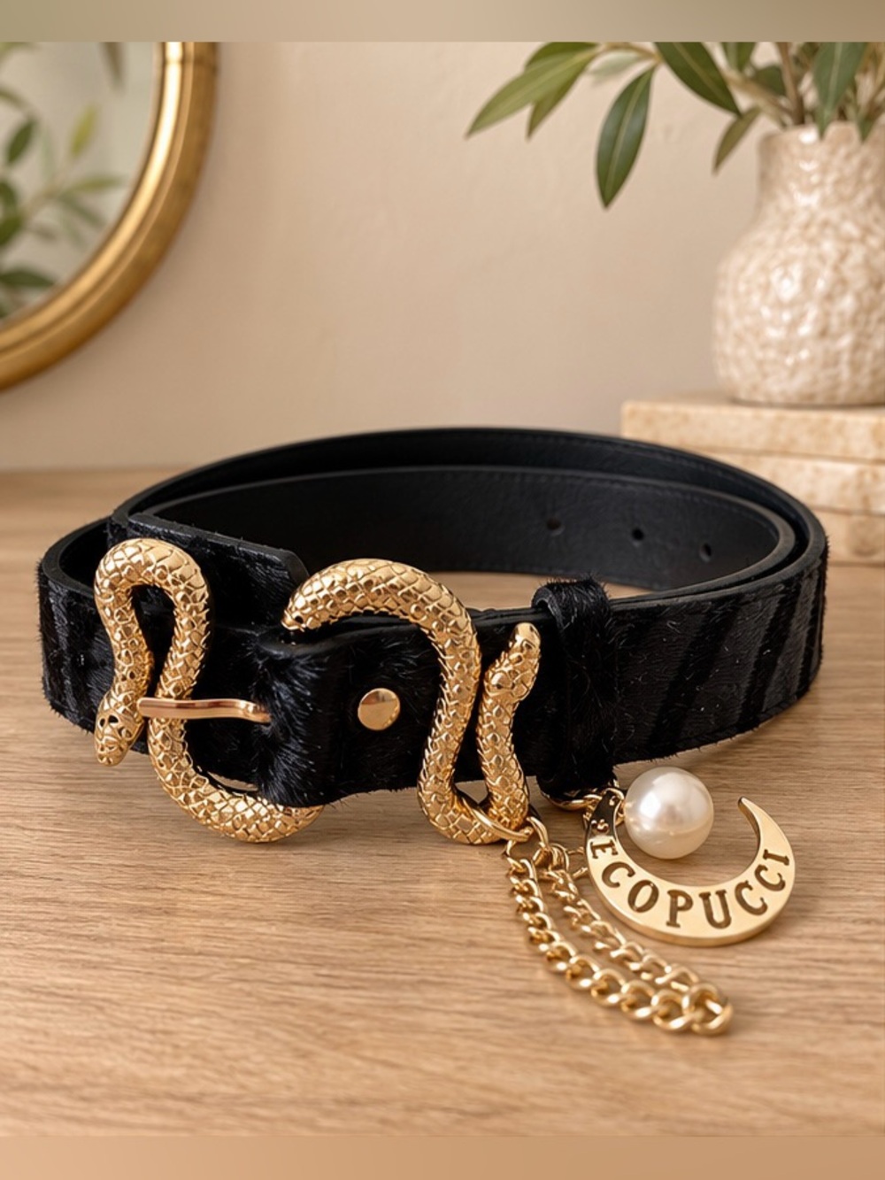 Copucci Black Zebra Belt Gold Snake Buckle Pearl Chain Charm NWOT